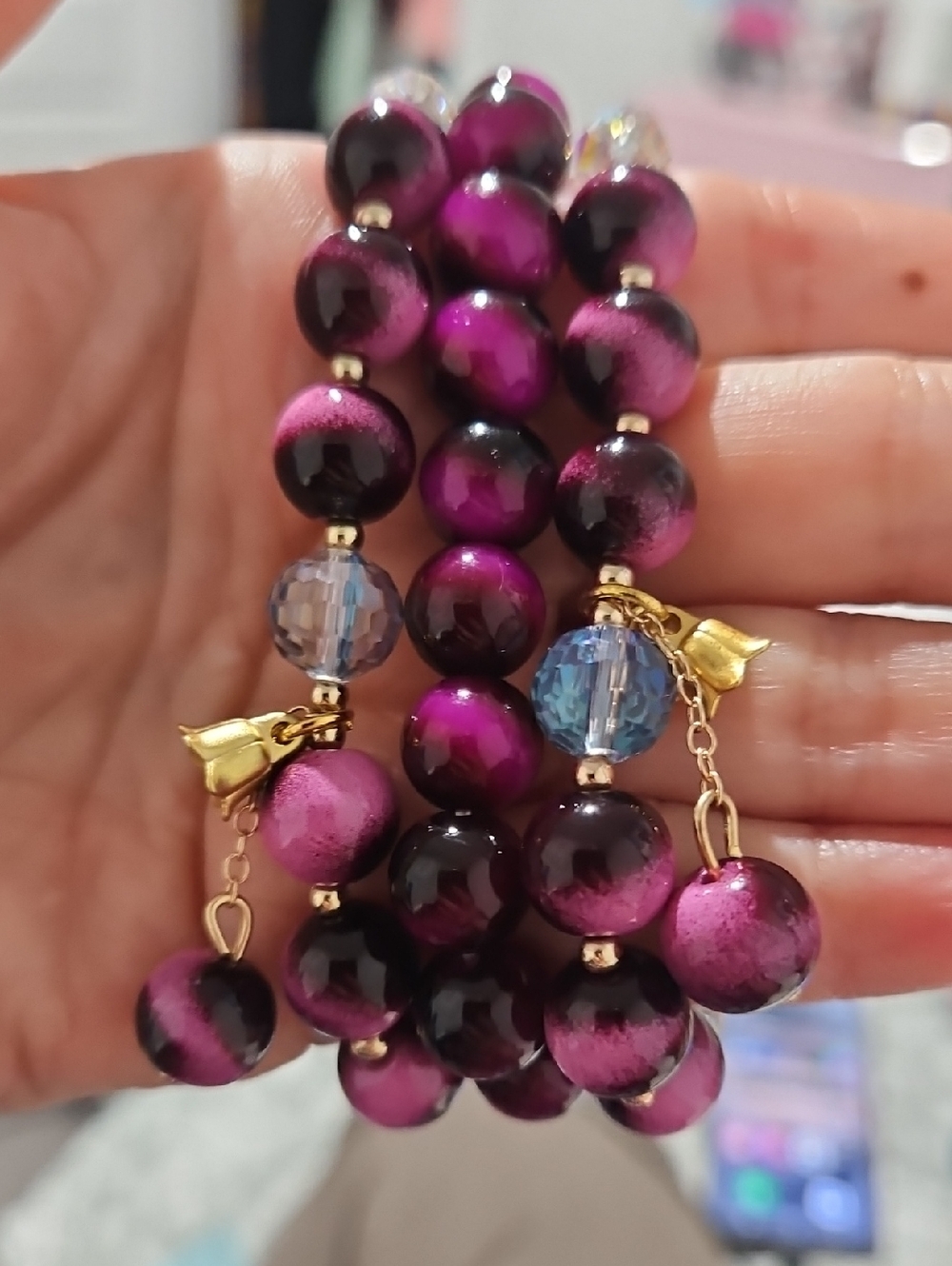3 Set Purple and Black Beaded Stretch Bracelet with Gold Accents